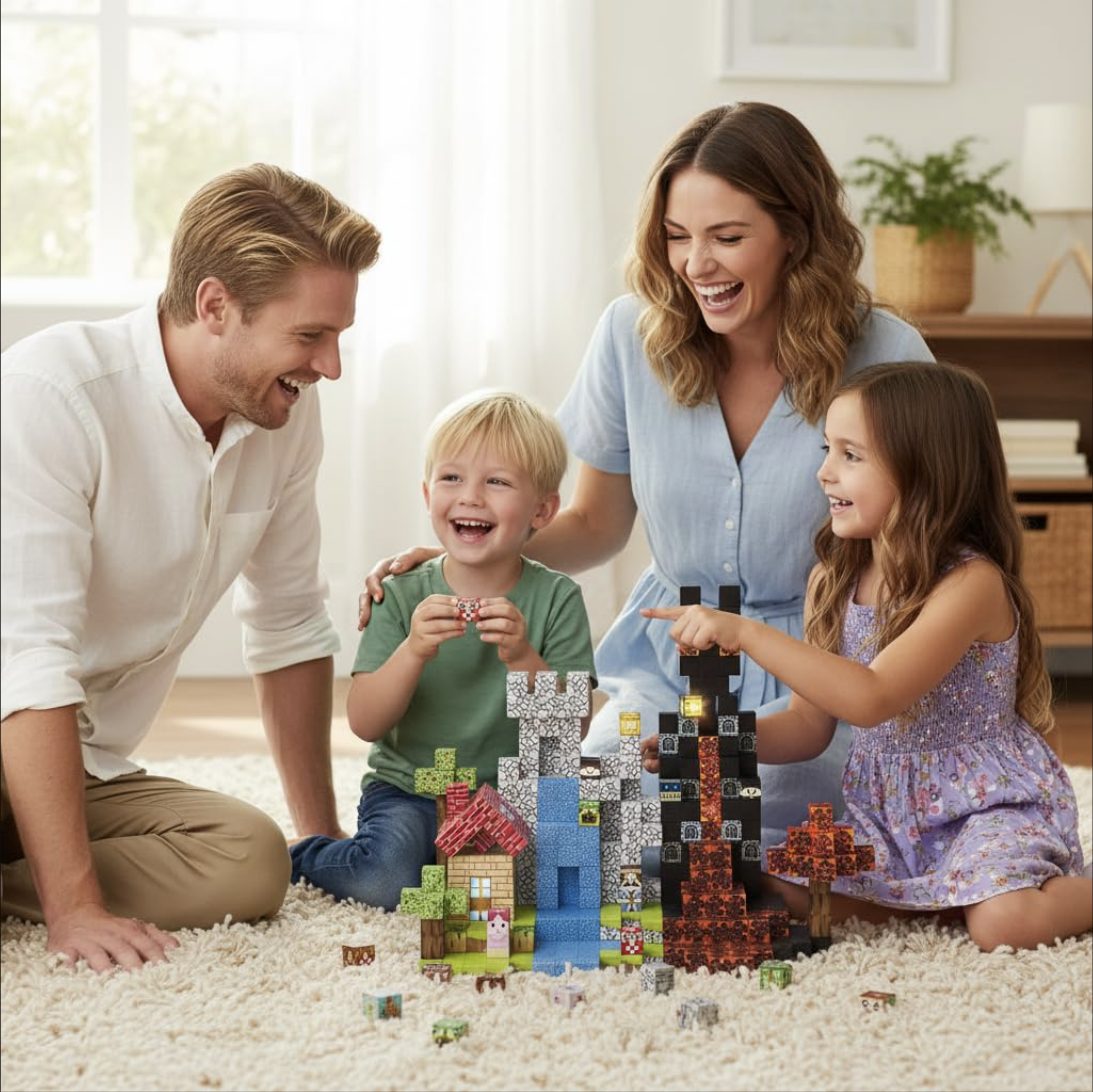Family playing with magnetic blocks on the floor